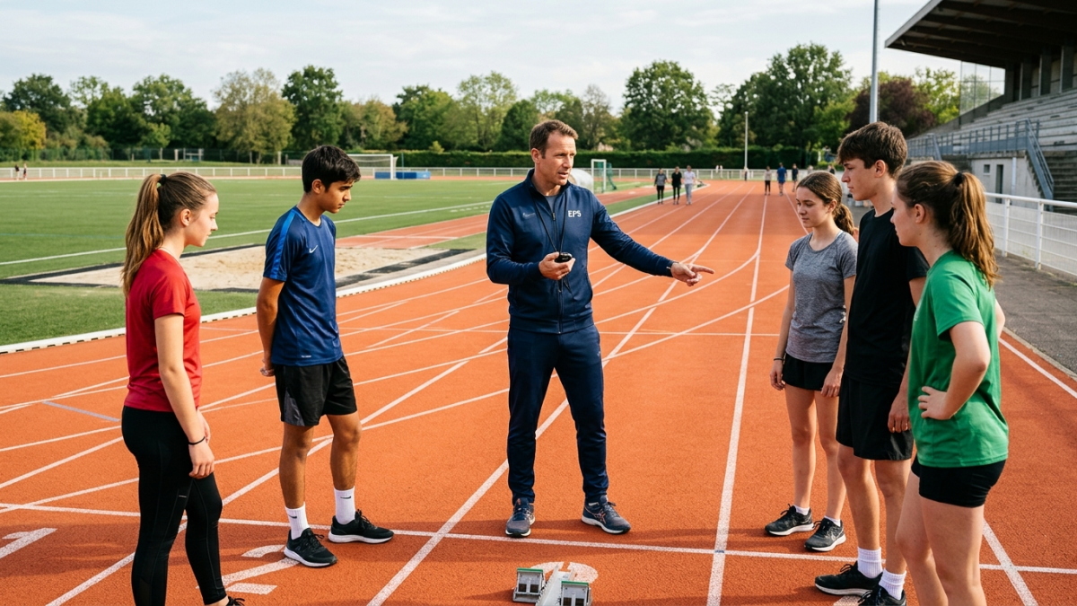 Enseignant d'éducation physique expliquant un exercice