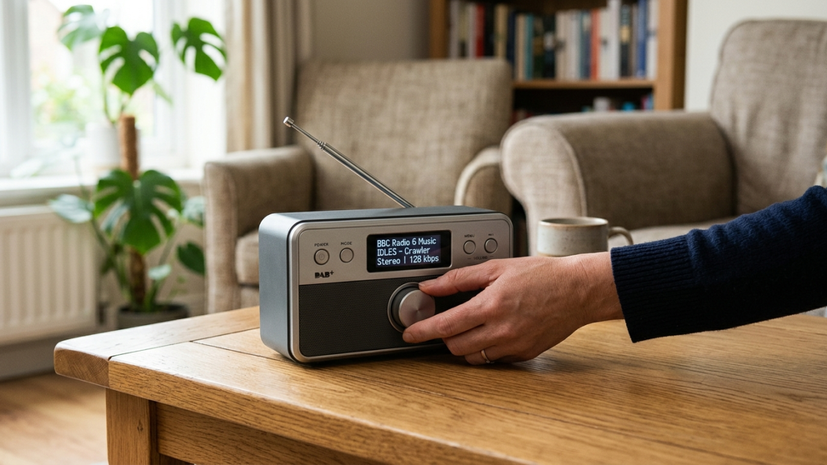 Poste DAB+ portable en fonctionnement Poste de radio DAB+ portable affichant les informations des programmes
