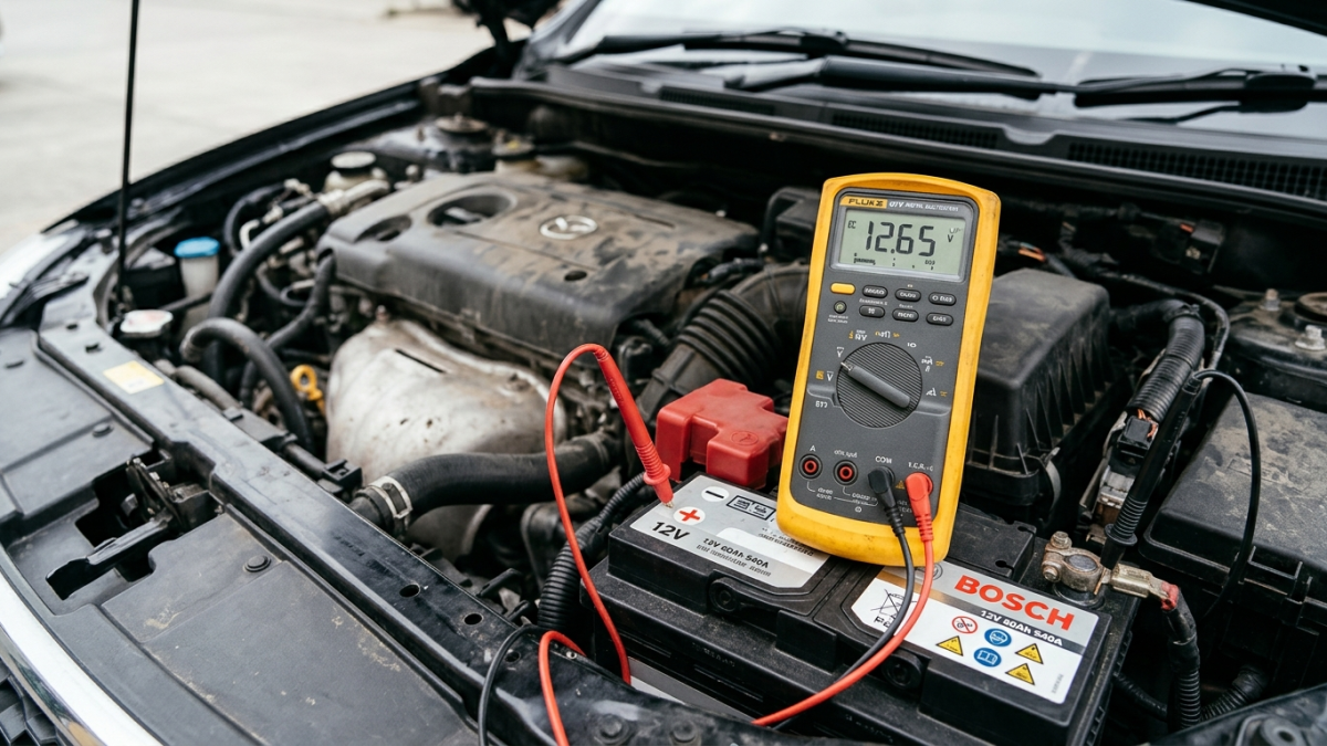 contrôle de la tension d'une batterie de voiture au multimètre