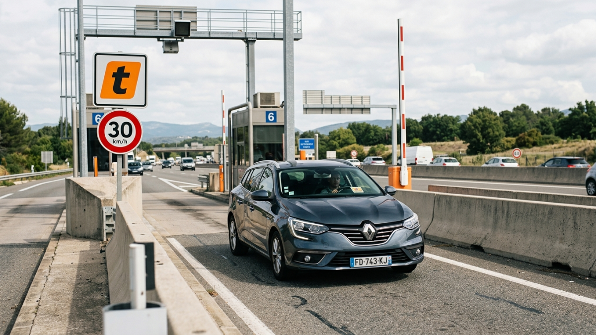 Voie télépéage avec logo t et 30 km/h voie télépéage Vinci sans arrêt à 30 km/h