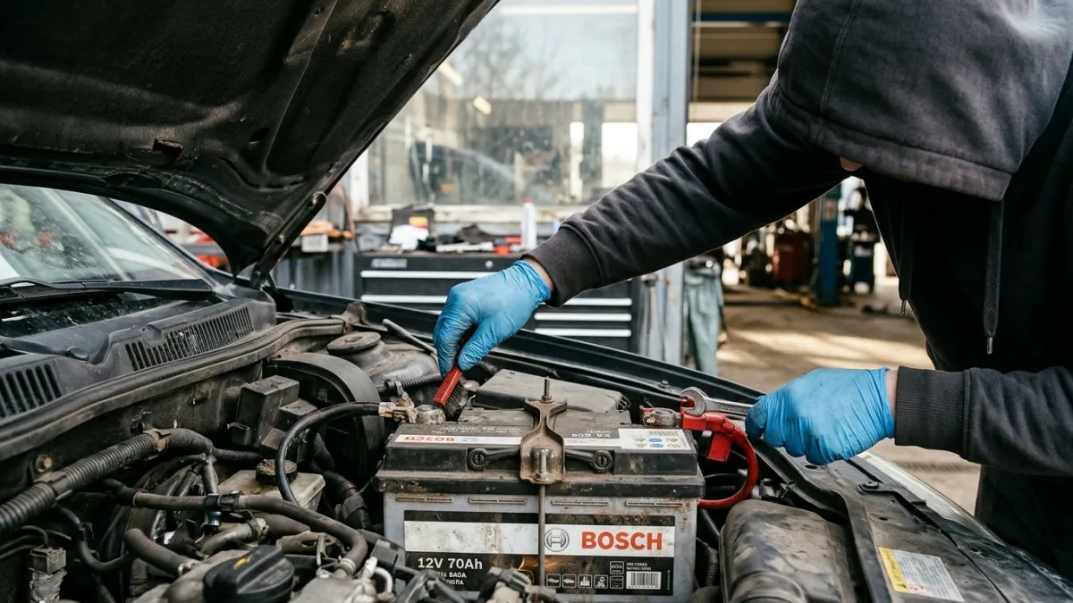 Inspection des bornes d'une batterie avant recharge